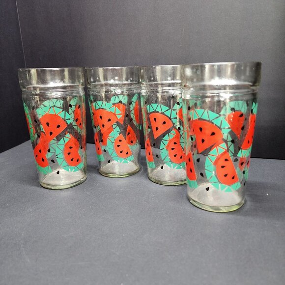 Vintage Anchor Hocking Watermelon Jelly Jar Drinking Glasses 6'' Tall - Set Of 4 - Picture 3 of 8